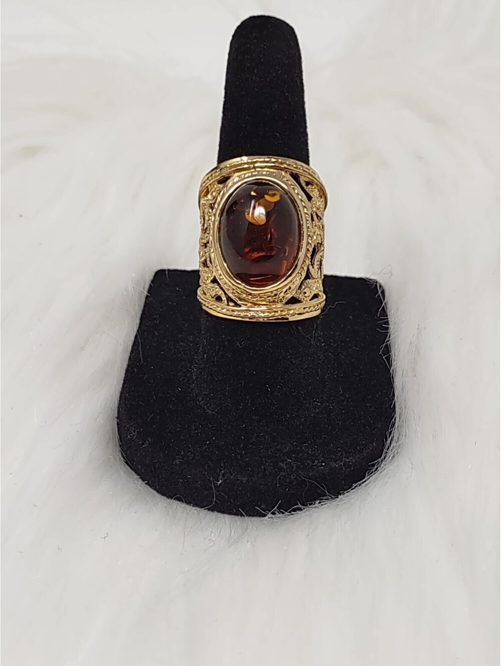 Vintage 925 Sterling Gold Tone Amber Color Statement Ring